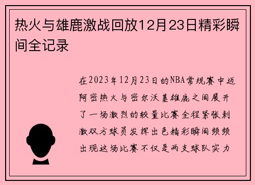 热火与雄鹿激战回放12月23日精彩瞬间全记录