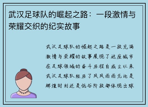 武汉足球队的崛起之路：一段激情与荣耀交织的纪实故事