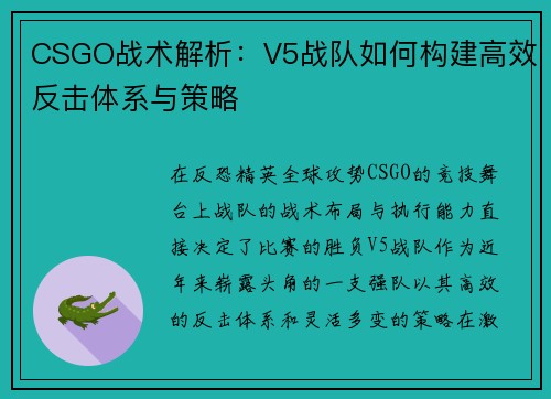 CSGO战术解析：V5战队如何构建高效反击体系与策略
