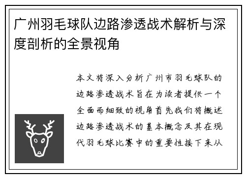 广州羽毛球队边路渗透战术解析与深度剖析的全景视角