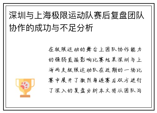 深圳与上海极限运动队赛后复盘团队协作的成功与不足分析