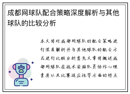 成都网球队配合策略深度解析与其他球队的比较分析