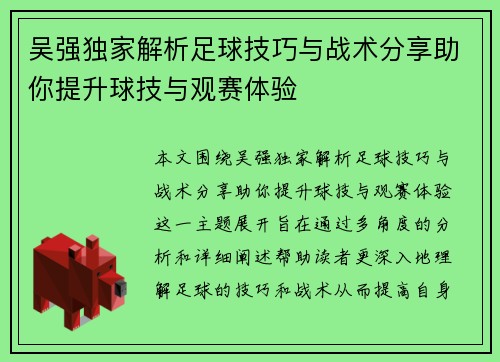 吴强独家解析足球技巧与战术分享助你提升球技与观赛体验