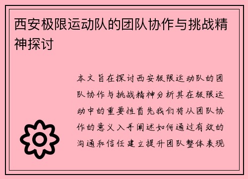 西安极限运动队的团队协作与挑战精神探讨