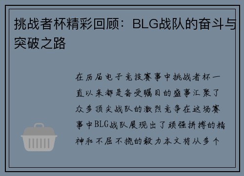 挑战者杯精彩回顾：BLG战队的奋斗与突破之路