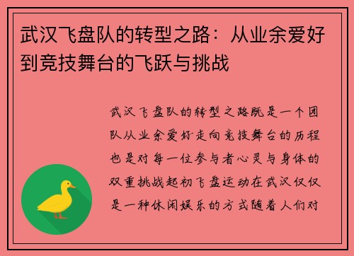 武汉飞盘队的转型之路：从业余爱好到竞技舞台的飞跃与挑战