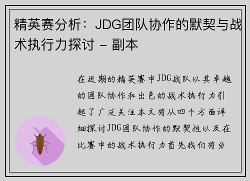 精英赛分析：JDG团队协作的默契与战术执行力探讨 - 副本
