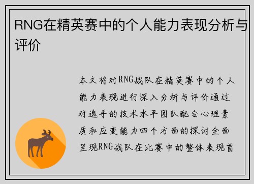 RNG在精英赛中的个人能力表现分析与评价