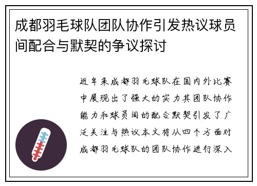 成都羽毛球队团队协作引发热议球员间配合与默契的争议探讨